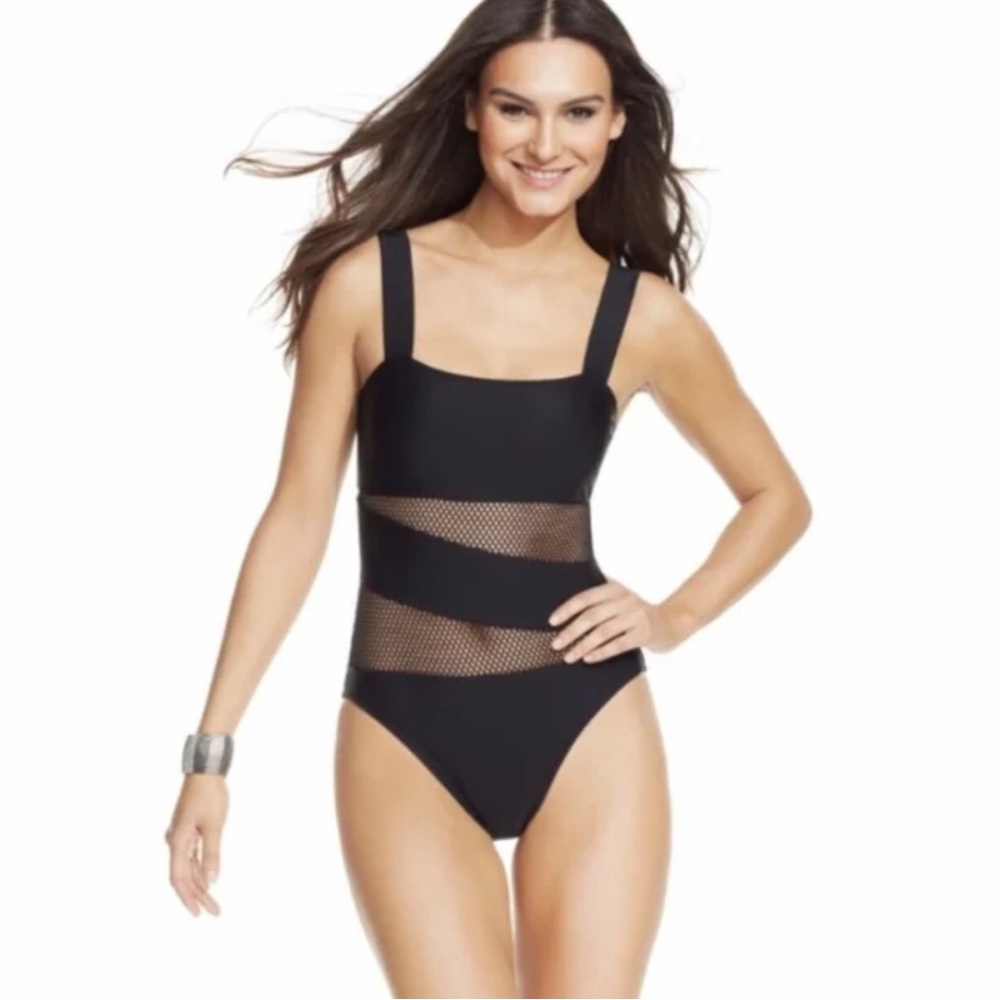 Women 12 Dkny Swimsuit Black One Piece Mesh Cutout Panels Square Neck Wide Strap